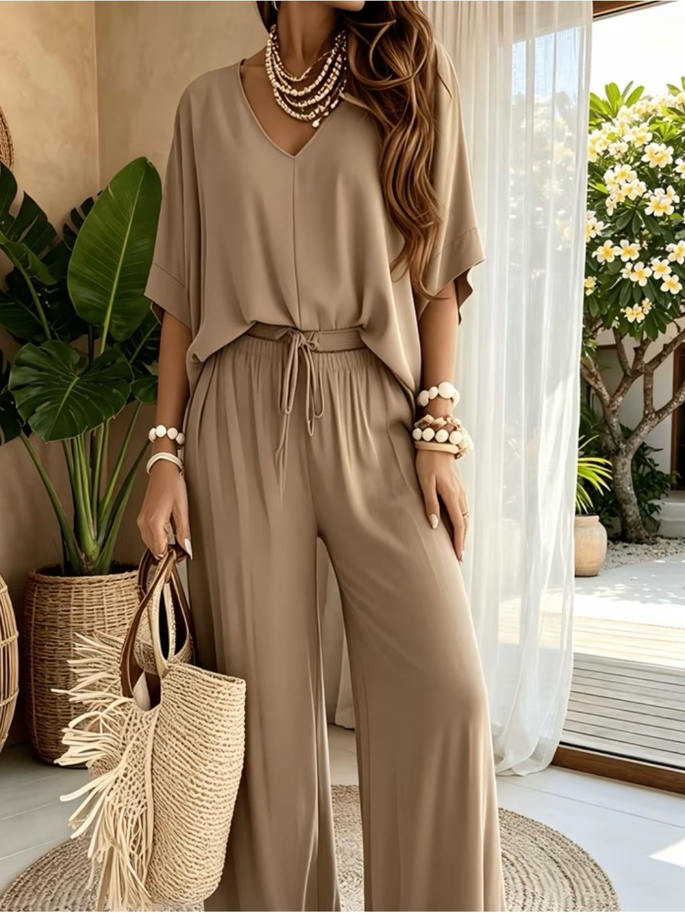 Wide-Leg Drawstring Jumpsuit in Taupe